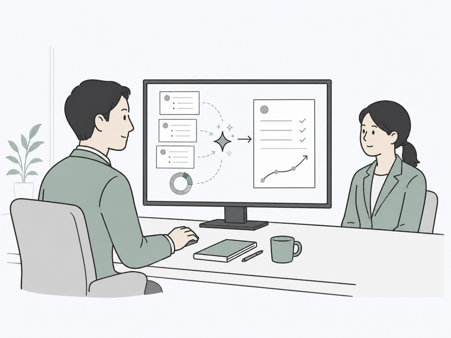 AIが自動生成した評価シートをもとに面談