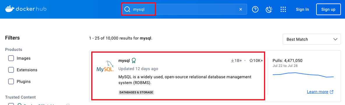 DockerHubでmysqlイメージの検索