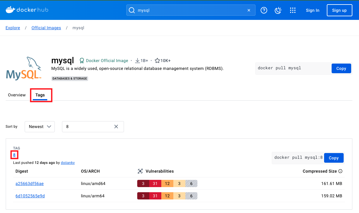 DockerHubで該当のイメージの中身を確認する①