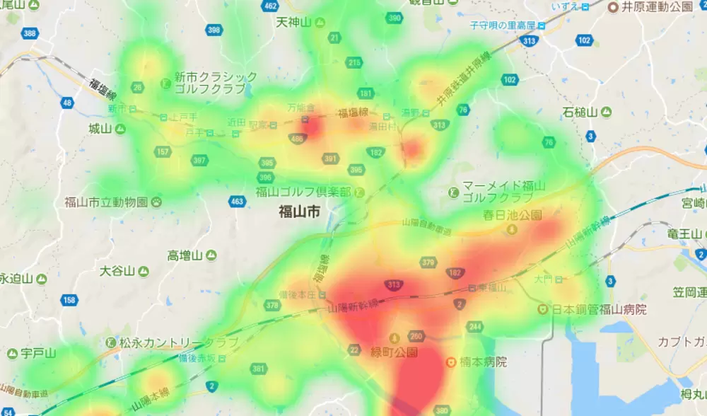 人口分布がわかりにくかったのでgooglemapAPIで作ってみたの画像