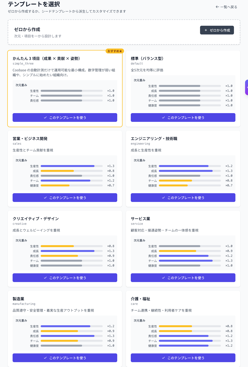 Coobase のシートテンプレート選択。評価シートのひな形を選ぶ画面