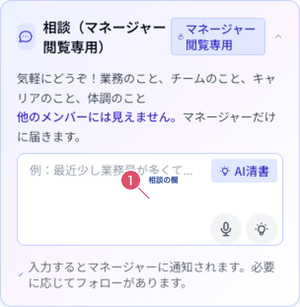 Coobase の日報作成画面の相談欄。「マネージャー閲覧専用」の表示と入力欄が開いた状態