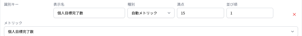 Coobase の評価シート編集画面。目標に関する自動メトリックの項目