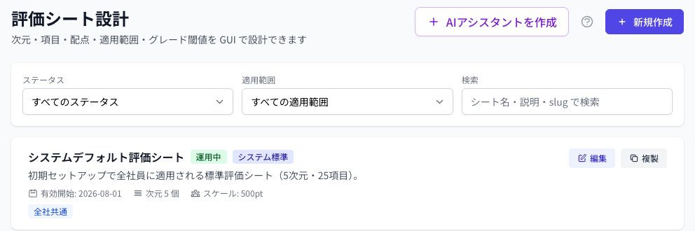 Coobase の評価シート設計画面。作ったシートを一覧で見る