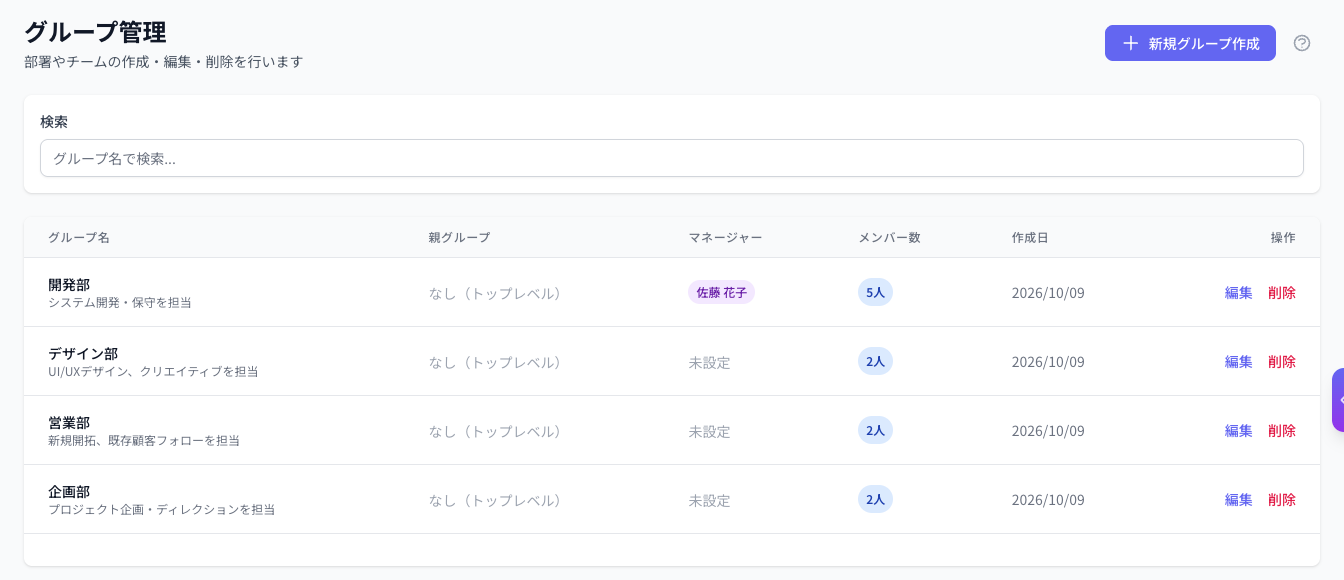 Coobase のグループ管理画面。部署やチームの一覧